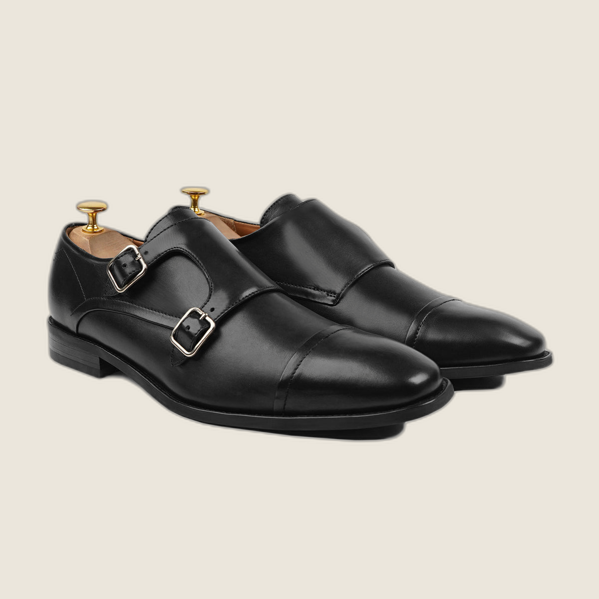 Sanford men's black calf leather double monkstrap shoes - front view