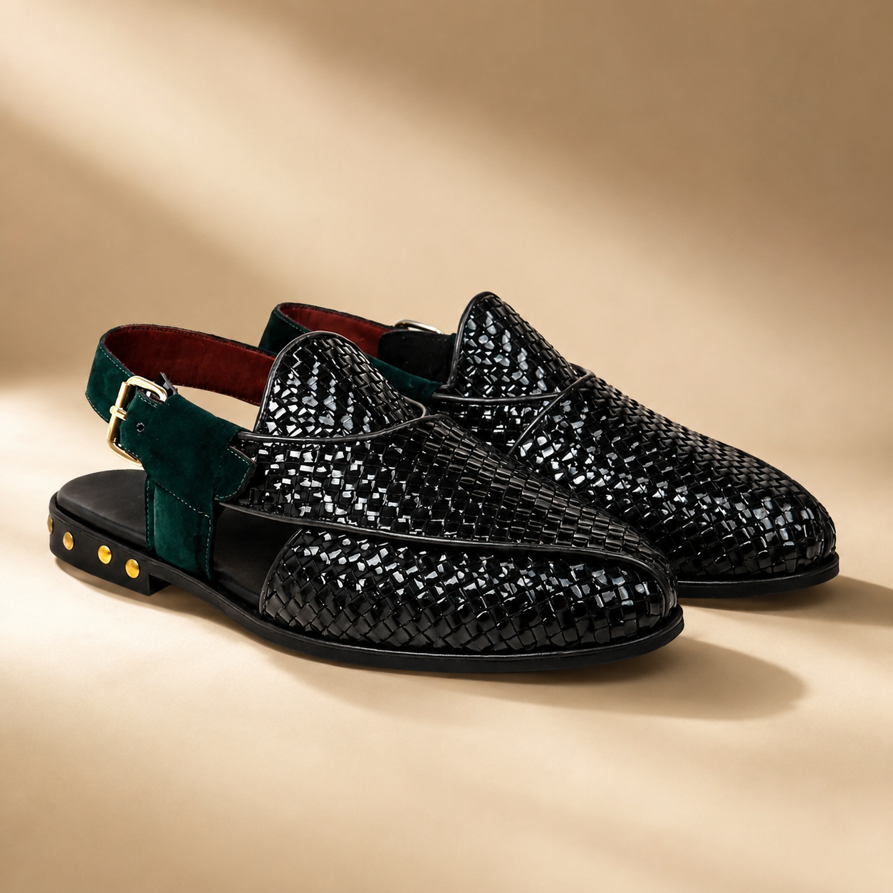 Alder Men's Black Woven Leather Slingback Loafers
