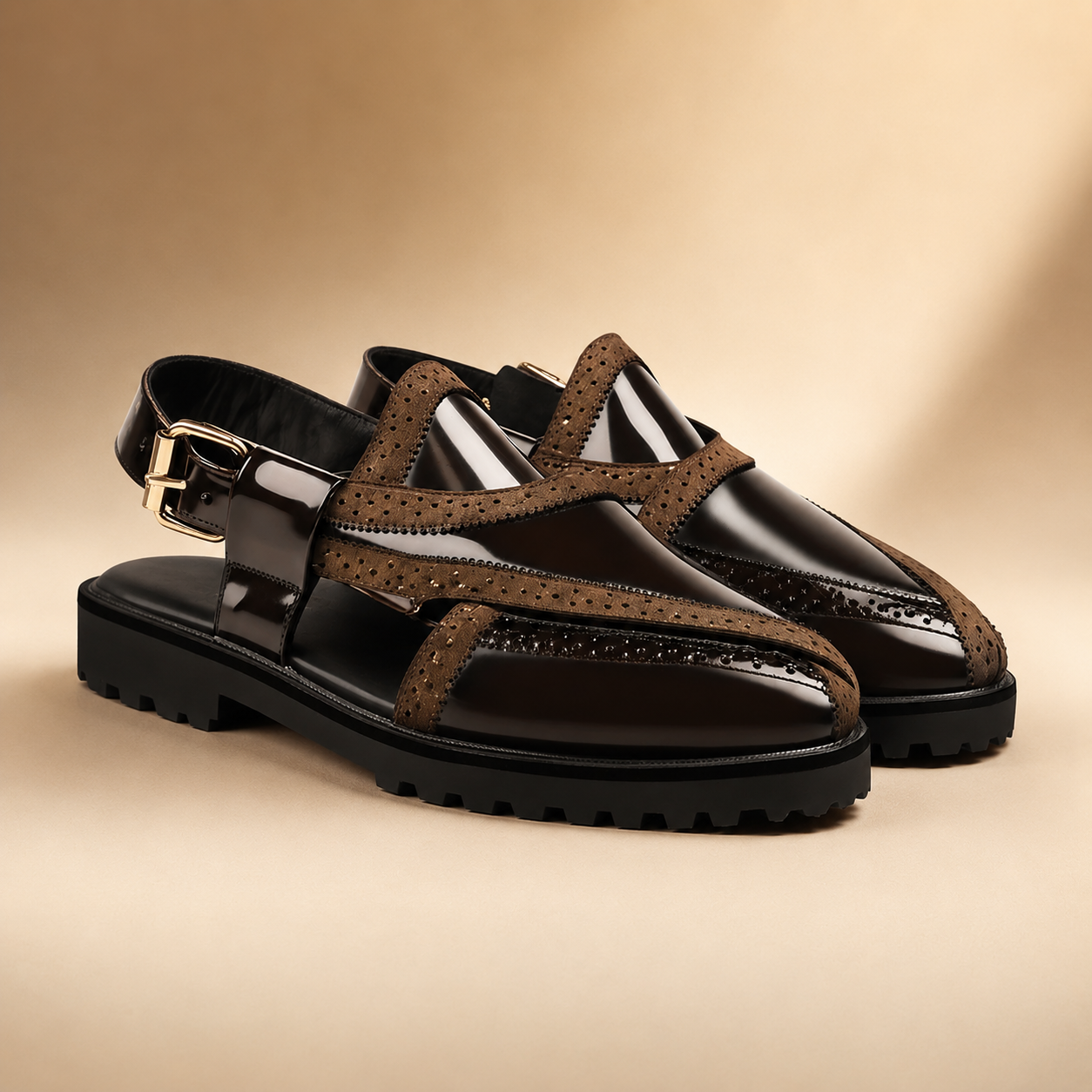 Musina - Men's Two-Tone Brogue Slingback Sandals | Patent Leather & Suede