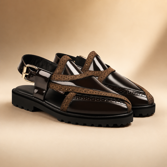 Musina - Men's Two-Tone Brogue Slingback Sandals | Patent Leather & Suede