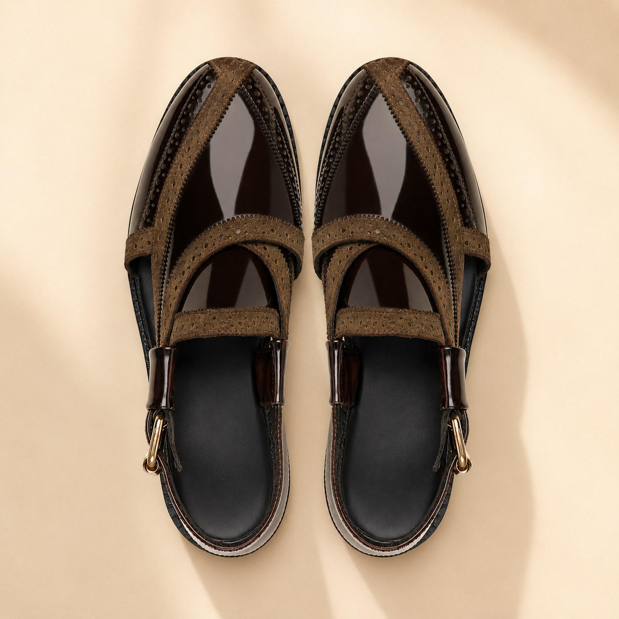 Musina - Men's Two-Tone Brogue Slingback Sandals | Patent Leather & Suede