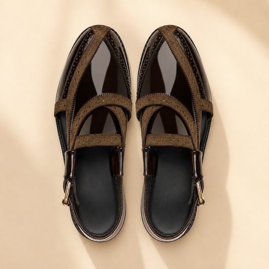 Musina - Men's Two-Tone Brogue Slingback Sandals | Patent Leather & Suede