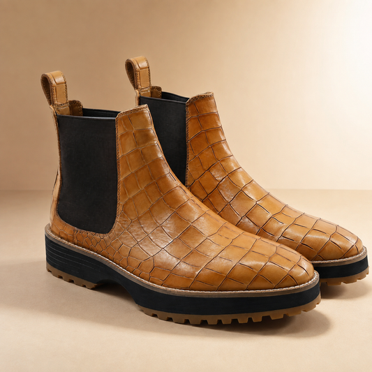 Enstad Men's Tan Croc-Embossed Leather Chelsea Boots