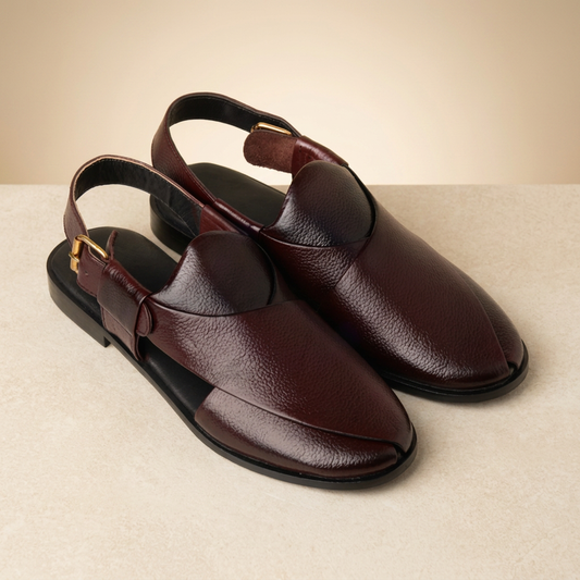 Burgundy Leather Peshawari Sandals for Men | Handmade Slingback Mules