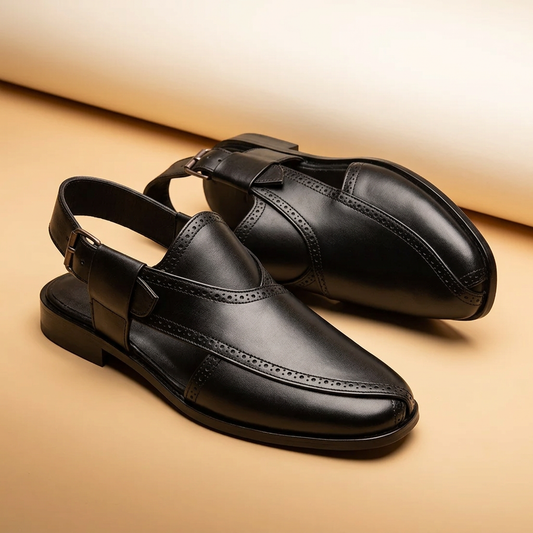 Black Leather Brogue Peshawari Sandals for Men | Handcrafted Mules