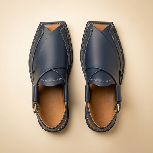 Navy Blue Leather Peshawari Sandals for Men | Handcrafted Slingback
