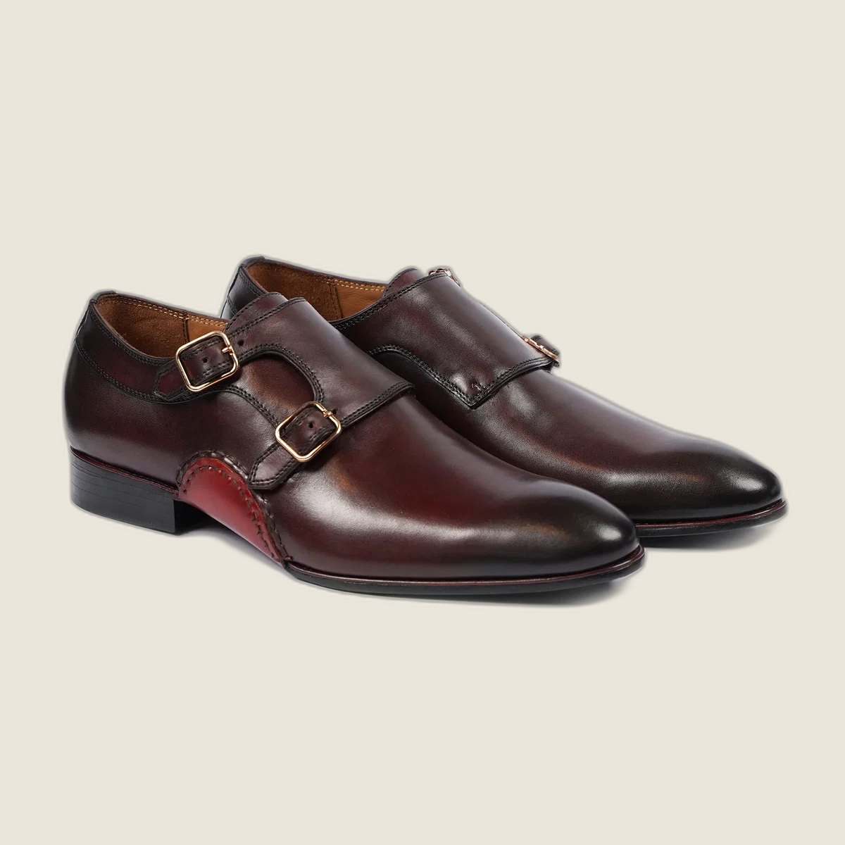 Steaphan men's oxblood patina calf leather double monkstrap shoes - front view