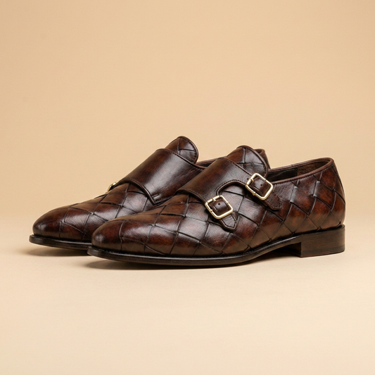 Handwoven brown leather intrecciato double monk strap loafers for men - front view
