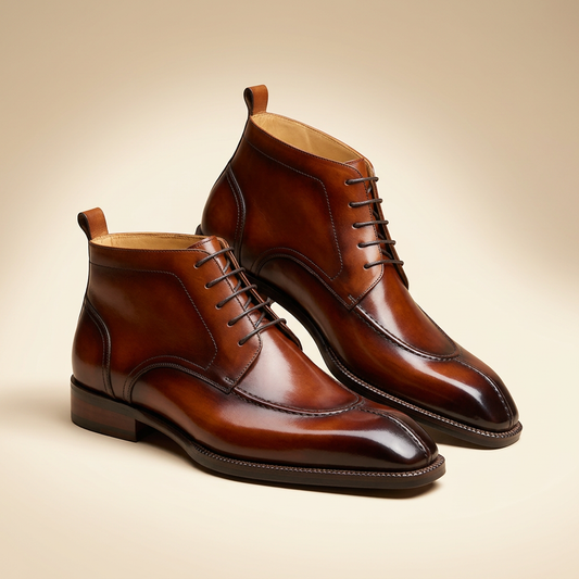 Men's burnished brown leather derby boots - handcrafted lace-up ankle boots by Alpha Wears, front view