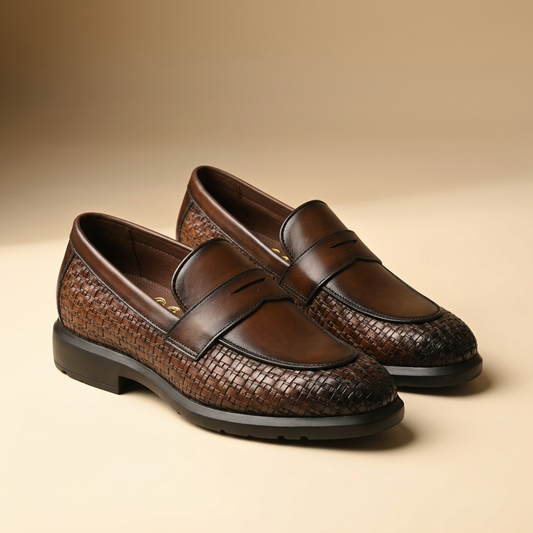 Men's woven brown leather penny loafers - handcrafted slip-on shoes by Alpha Wears, front view