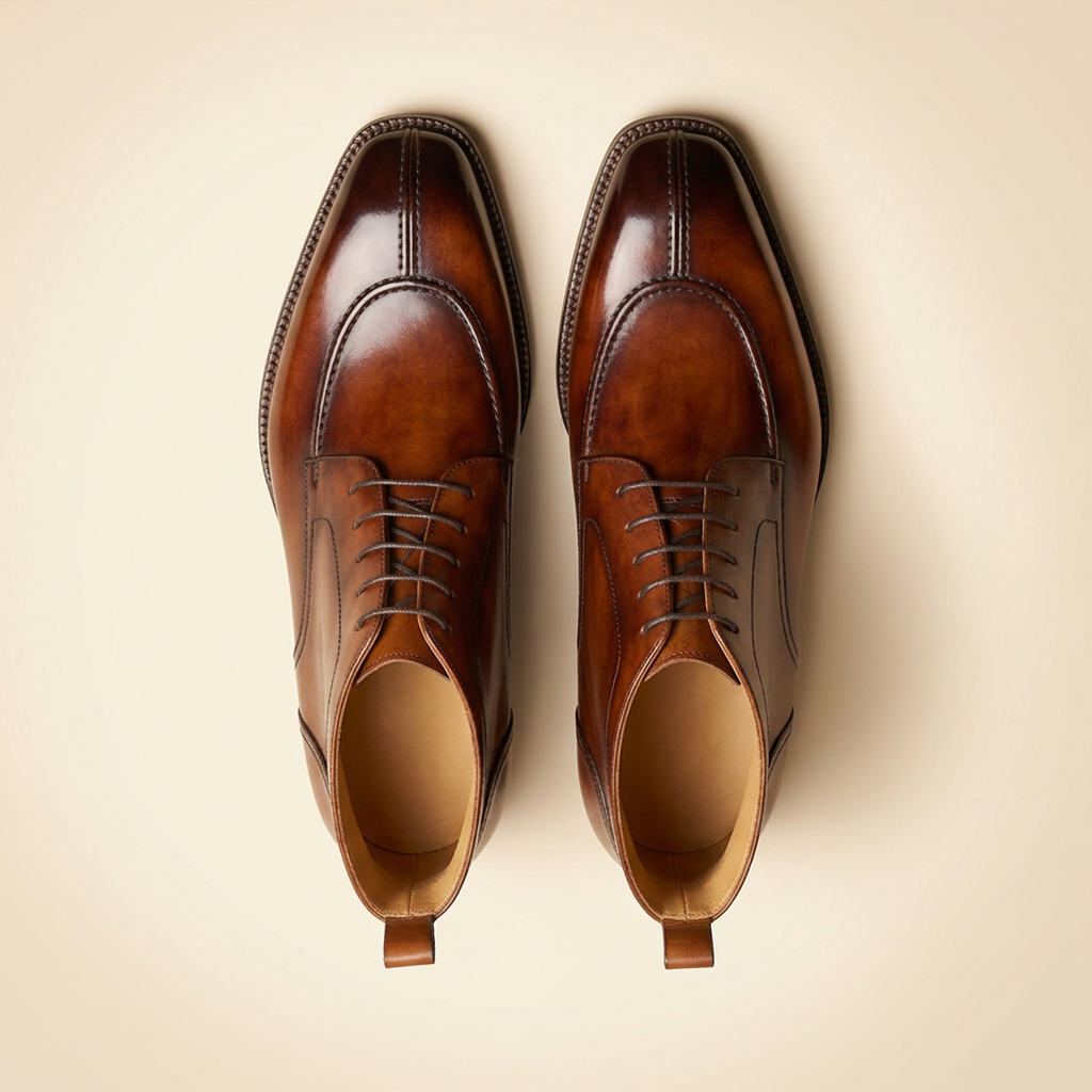 Brown leather derby boots for men - side angle view showing split-toe stitching, Alpha Wears