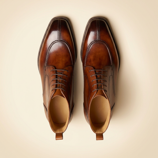 Brown leather derby boots for men - side angle view showing split-toe stitching, Alpha Wears
