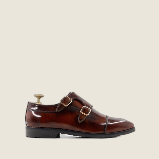 Velori - Men's Reddish Brown Box Leather High Shine Double Monkstrap