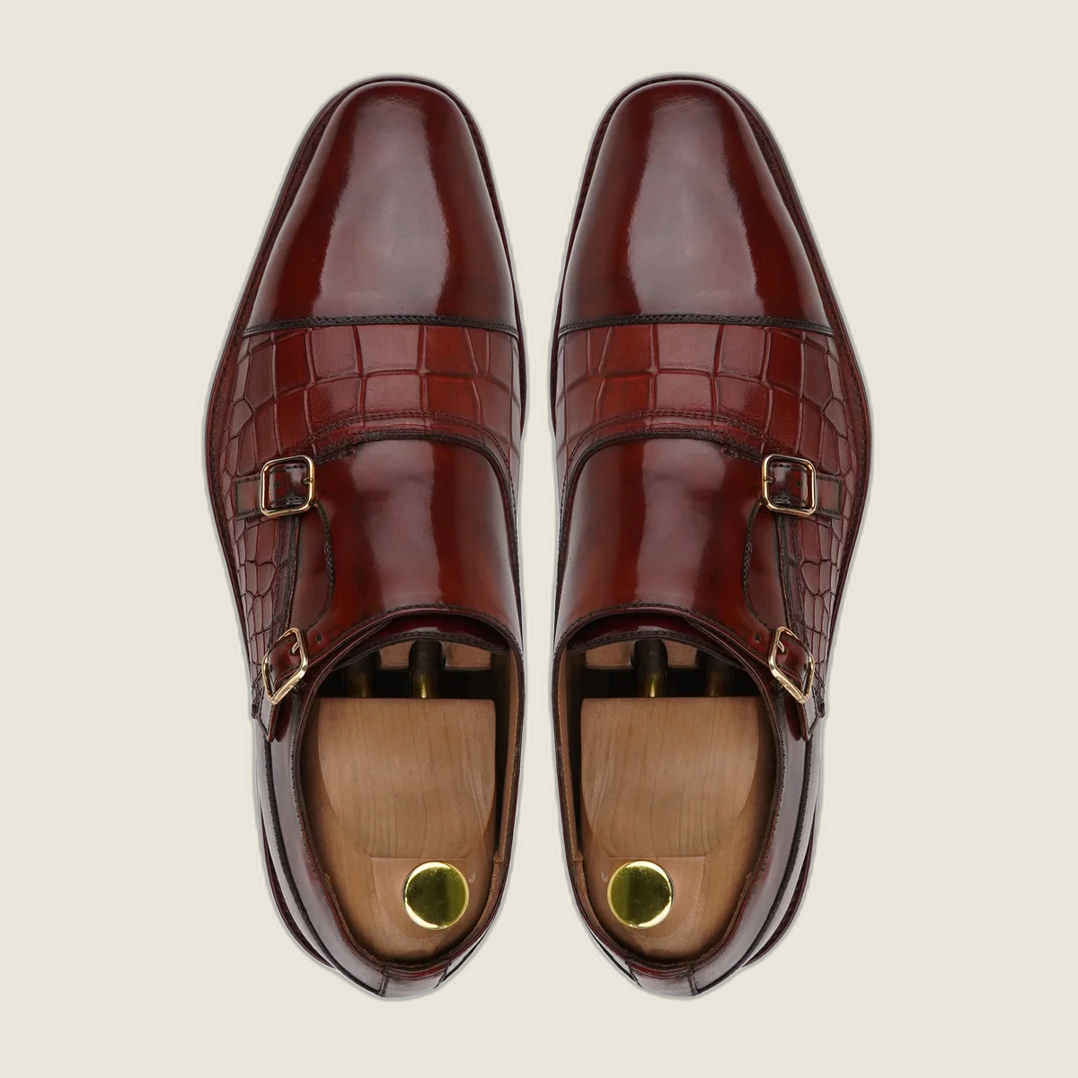 Pitzu - Men's Oxblood Box Leather High Shine Double Monkstrap
