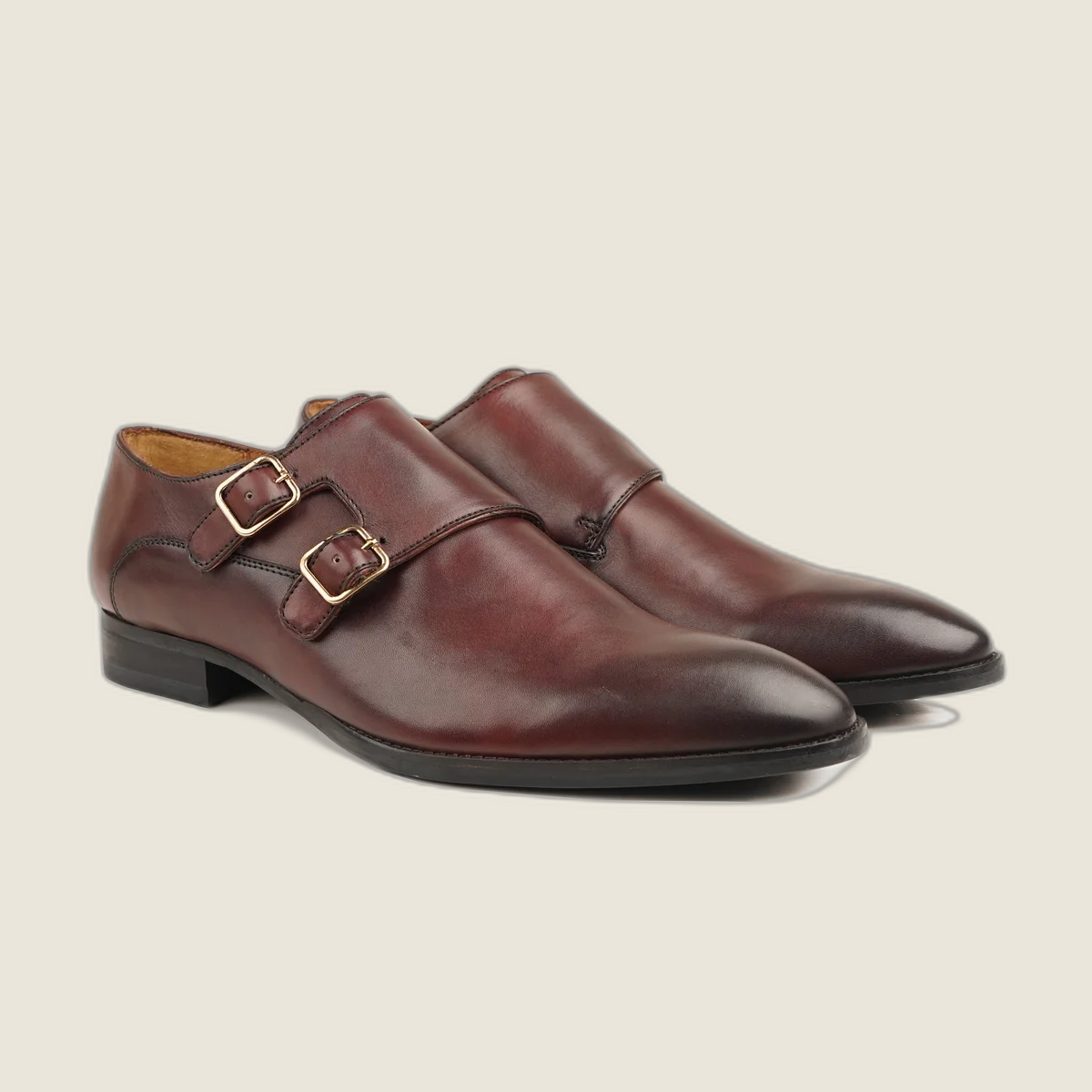 Camaro men's burgundy brown calf leather double monkstrap shoes - front view
