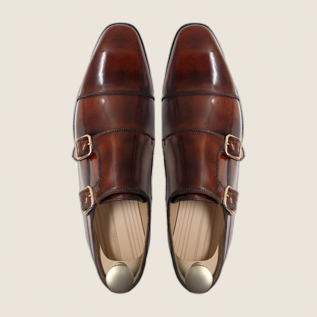 Velori - Men's Reddish Brown Box Leather High Shine Double Monkstrap
