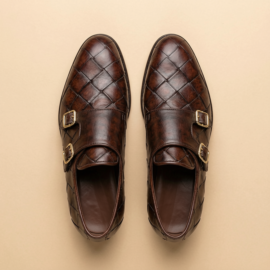 Brown woven leather double buckle monk strap loafers - side angle