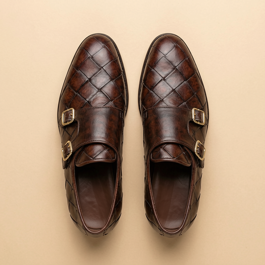 Brown woven leather double buckle monk strap loafers - side angle