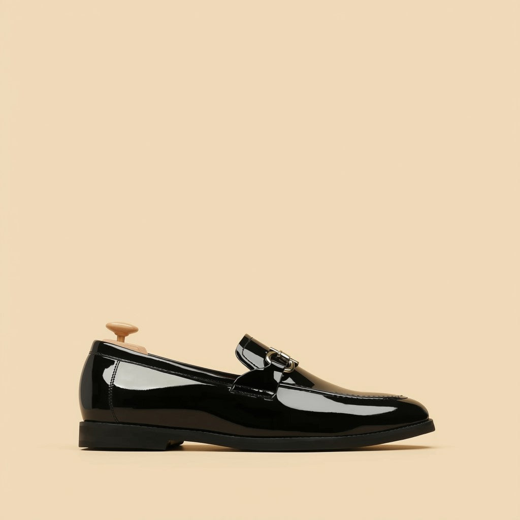 Black patent leather horsebit loafer for men with silver buckle - side view