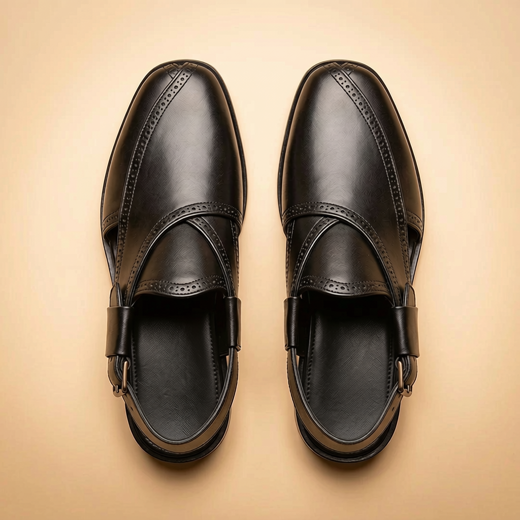 Black Leather Brogue Peshawari Sandals for Men | Handcrafted Mules