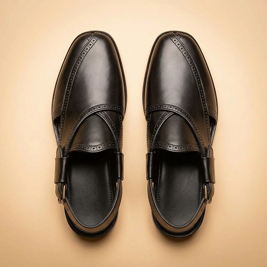 Black Leather Brogue Peshawari Sandals for Men | Handcrafted Mules