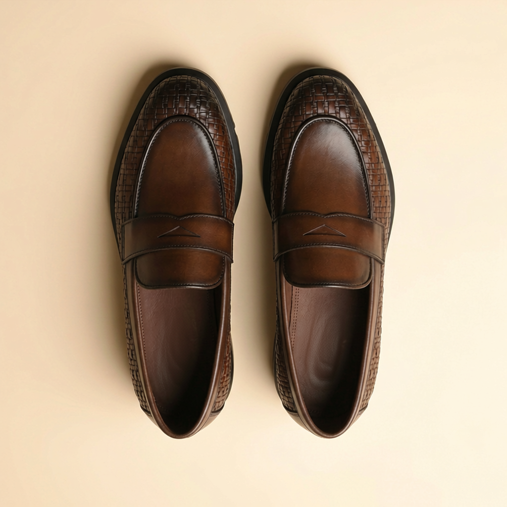 Brown woven leather penny loafers for men - angled view showing texture and penny strap, Alpha Wears