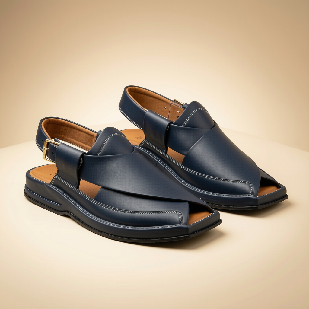 Navy Blue Leather Peshawari Sandals for Men | Handcrafted Slingback