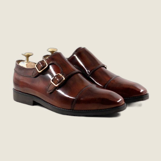Velori - Men's Reddish Brown Box Leather High Shine Double Monkstrap